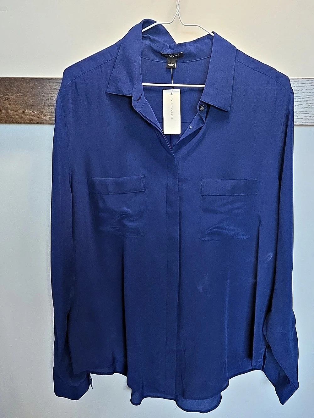 Ann Taylor Silk Pocket Shirt Silk Button Down Blue